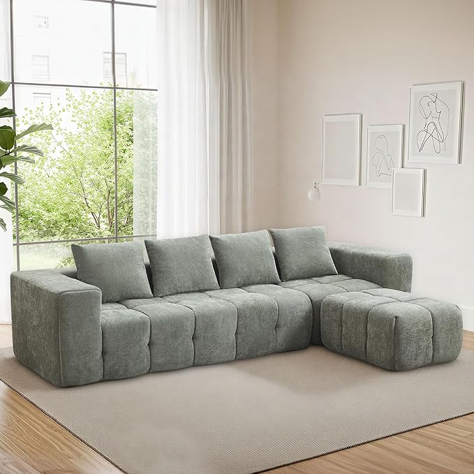119 Oversized Cloud Boneless Couches for Living Room Modern Tufted Modular Sectional Sofa with Deep Seat &amp Movable Ottoman L Shaped Memory Foam Chenille Couch No Assembly Required Green