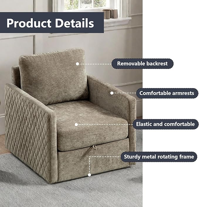 30 Square Swivel Chair with Storage Under SeatChenille Taupe Accent Chair for BedroomUpholstered ArmchairComfy Chairs for Living Room