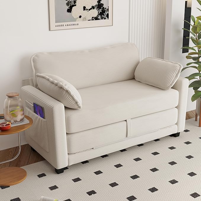 Convertible Sofa Bed Loveseat Sleeper Sofa with Side Storage &amp Solid Wood Frame Corduroy Small Couch Bed for Small Space Pull Out Floor Couch for Apartment Guest (Beige 51)