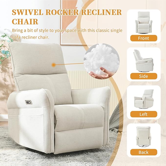 Power Swivel Rocker Recliner Chair for Nursery Upholstered Snowflake Velvet 270°Swivel Glider Rocker Chair with USB Ports Small Power Recliners for Small Spaces Living Room