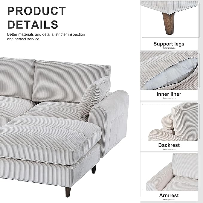 Anwick 126 L-Shaped Modular Sectional SofaModern Corduroy Fabric Sofa Couch with Movable Ottoman4 Seat Convertible Sleeper Sectional Couches for Living Room Home Office (Beige 122 U-6 Seater)