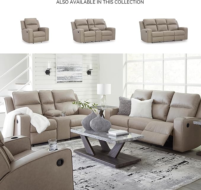 Signature Design by Ashley Lavenhorne Contemporary Faux Leather Upholstered Manual Rocker Recliner with 2 Cup Holders Beige