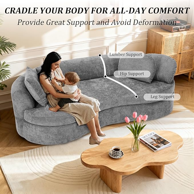 95” Modern Curved Sofa Chenille Fabric Comfy Cloud Couch No Assembly Required Half Moon Couch with Deep Seat 4 Pillows for Living Room Apartment Bedroom