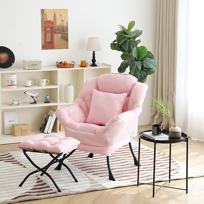 Lazy Chair with Ottoman Comfy Reading Lounge Chair with Footstool &amp Throw Pillow Modern with Armrests &amp Side Pocket for Living Room Bedroom Dorm Room Pink