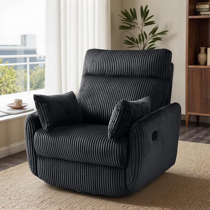 Swivel Recliner Chair for Adults Corduroy Nursery Glider Rocking Chair Armchair with 2 Pillows Comfy High Back Reclining for Small Spaces Nursery Bedroom Living Room (Corduroy Black 1 Pack)