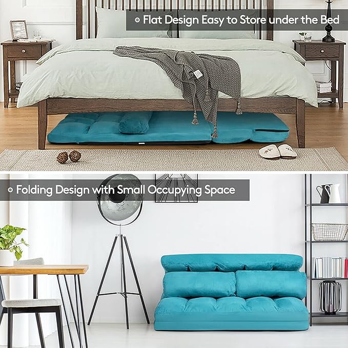 DORTALA Foldable Floor Sofa 6-Position Adjustable Lounge Couch with 2 Pillows &amp Suede Cloth Cover Modern Lounge Mattress Video Gaming Lazy Couch Suede Floor Seating Sofa 71 x 44.5 Blue