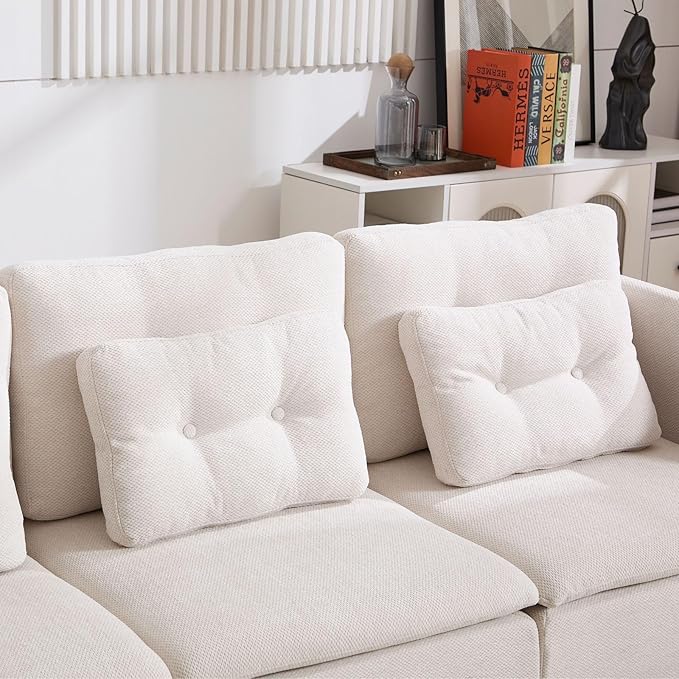 LukeAlon U Shaped 3 Seater Modular Sectional Sofa Couch with Waist Pillow Modern Chenille Sofa Set with Two Ottoman 82.5 Comfy Upholstered Lounge Sleeper Sofa Couch for Living Room Apartment Beige