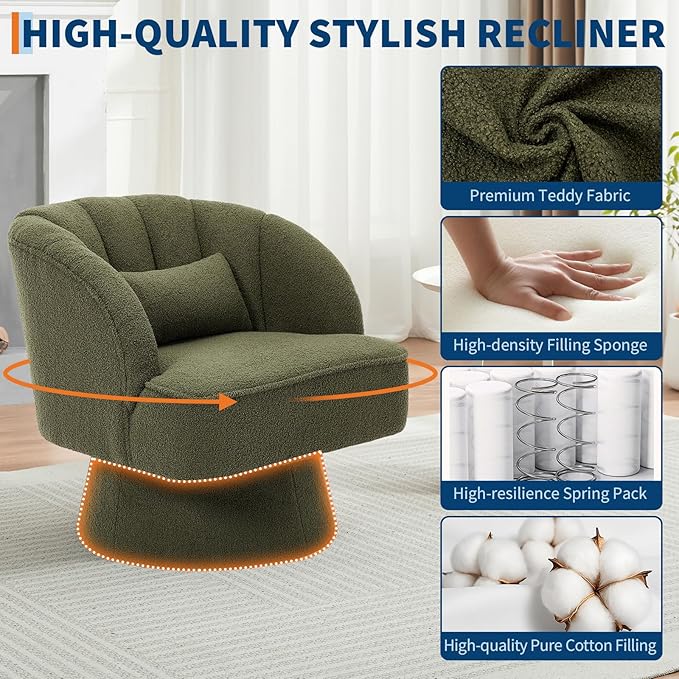Mid Century Modern Swivel Barrel Chair - 360° Swivel Accent Chair with Plush Teddy Fleece Upholstery &amp Wide Cushioned Seat Round Lounge Sofa Chair for Living Room Bedroom Office (Green 2 PCS)