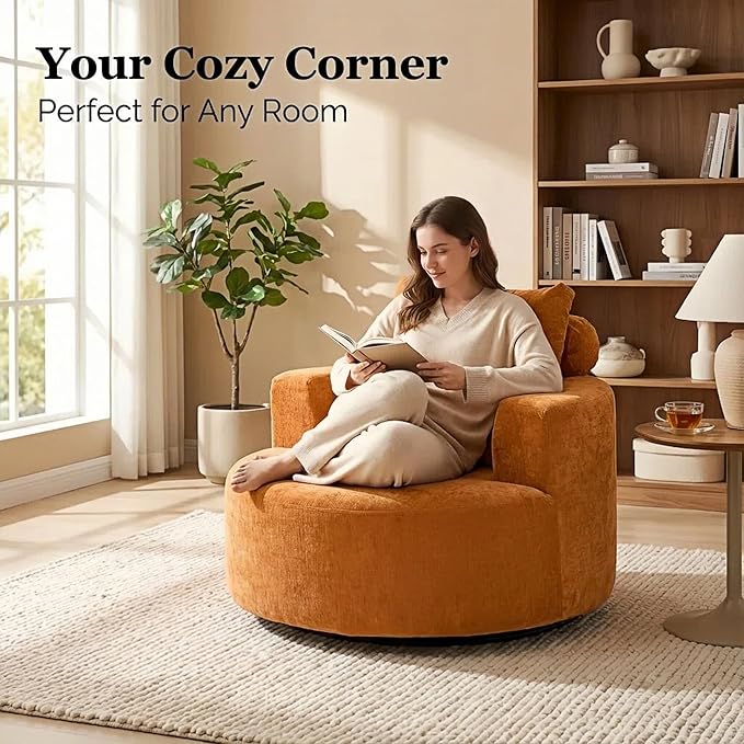 Furnimart 40 Oversized Barrel Accent Chair Set of 2 360° Swivel Round Upholstered Sofa Chenille High-Resilience Sponge No Assembly Wide Seat for Living Room Bedroom Apartment (Orange)