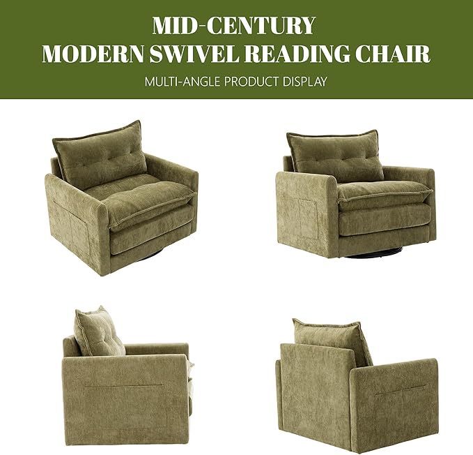 Square Swivel Chairs Set of 2Plush Chenille Upholstered Accent Club Chair with Arms360°Rotation Armchair for ReadingModern Single Cloud Sofa Chair for Living Room (2 Olive Green)