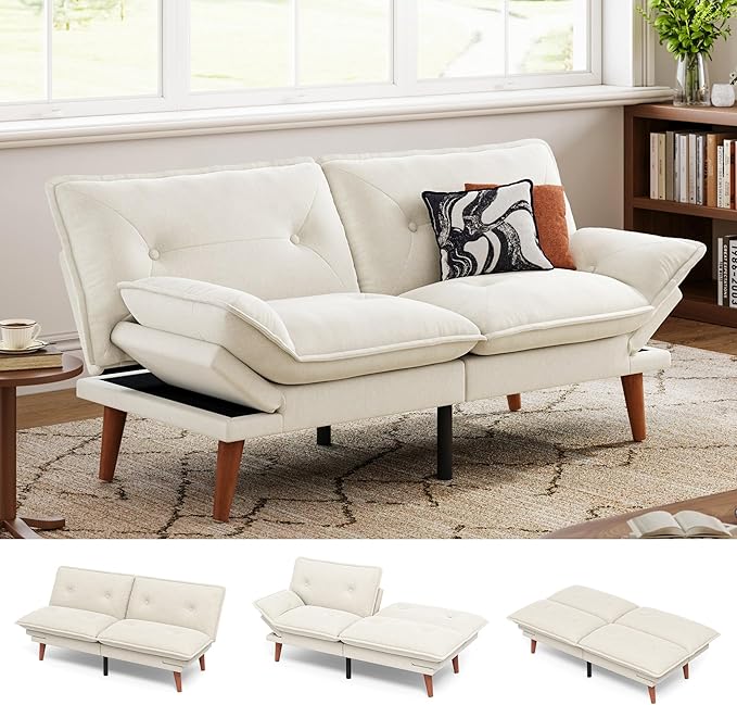 LINSY HOME Futon Sofa Bed 70 Chenille Futon Couch with Adjustable Backrest Armrest 3 in 1 Convertible Comfy Loveseat Sleeper Sofa Bed for Small Spaces Dorm Room Apartment Home Office Beige White