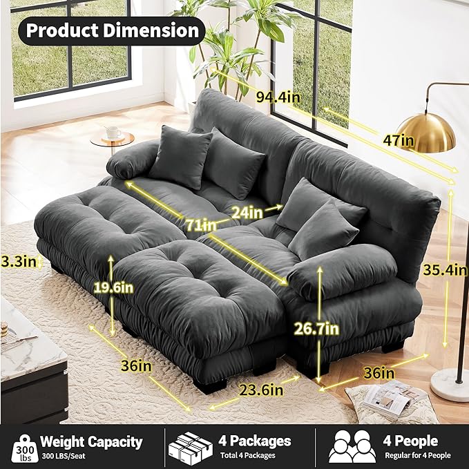 Cloud Couch Modular Sectional Sofa Loveseat U Shaped Couch with Ottoman Sectional Couches for Living Room Oversized Deep Seat Sofa with Round Bolster Armrests 4 Pillows Gray