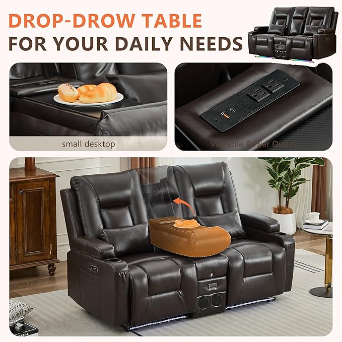 Houjud Power Reclining Loveseat Recliner Sofa with Console Wall-Hugger RV Couch with USB Ports Cup Holders Bluetooth Speakers &amp Ambient Lighting for Home Theater or Camper Faux Leather Dark B