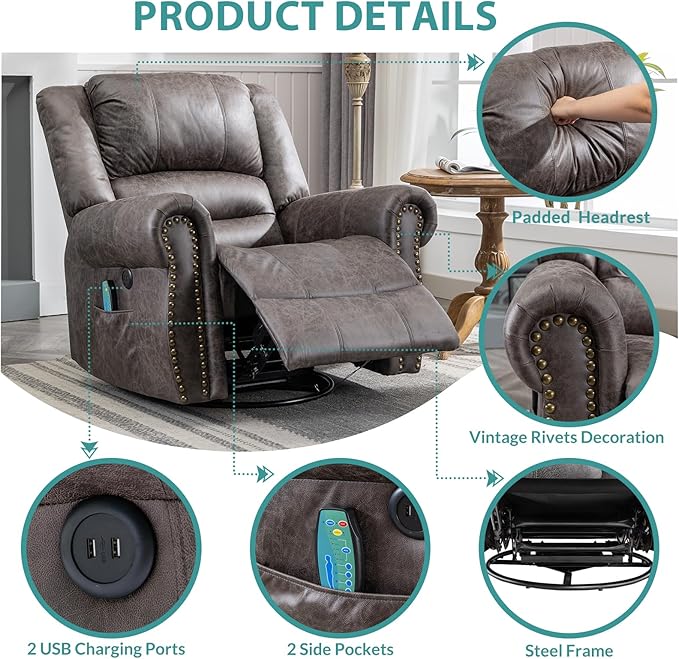MEETWARM Massage Swivel Rocker Recliner with Heat and Vibration Manual Glider Rocking Recliner Chair 360°Swivel Lounge Reclining Chair with Remote Control/USB Ports for Living Room(Gray)