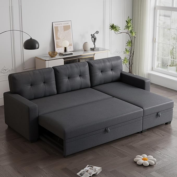 Ball &amp Cast Convertible Sectional Sleeper Sofa Bed L Shaped 4 in 1 Pull Out Couch with Reversible Storage Chaise &amp Removable Back CushionsSleeper Corner Pull Out Sofa Bed Couch for Living Roo