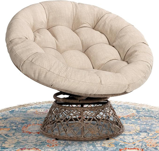 Bme 40 Ergonomic Wicker Papasan Chair with Soft Thick Density Fabric Cushion High Capacity Steel Frame 360 Degree Swivel for Living Bedroom Reading Room Lounge Sepia Sand - Brown Base