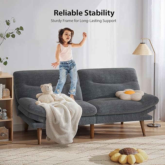 Pipishell Futon Sofa Bed 66 Inch Corduroy Futon Couch Convertible with Adjustable Backrest and Armrests Recliner Sleeper Sofa for Small Spaces Living Room Office Guest Room (Grey 66 Inch)