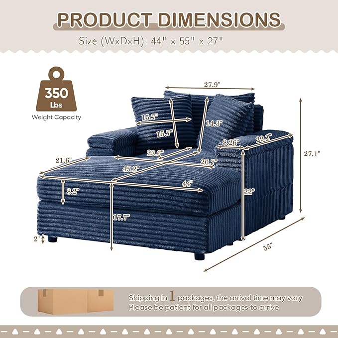 Chaise Lounge Chair Indoor 44 Inch Comfy Corduroy Sectional Cloud Couch Upholstered Single Sofa w/Movable Ottoman for Living Room Bedroom Apartment Blue
