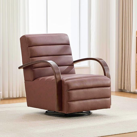 30.3 W Swivel Accent Chair with Solid Wood Armrests Modern Upholstered Armchair with Metal Base 360 Degree Comfy Lounge Reading Chair for Living Room Bedroom or Office (Brown+PU.)