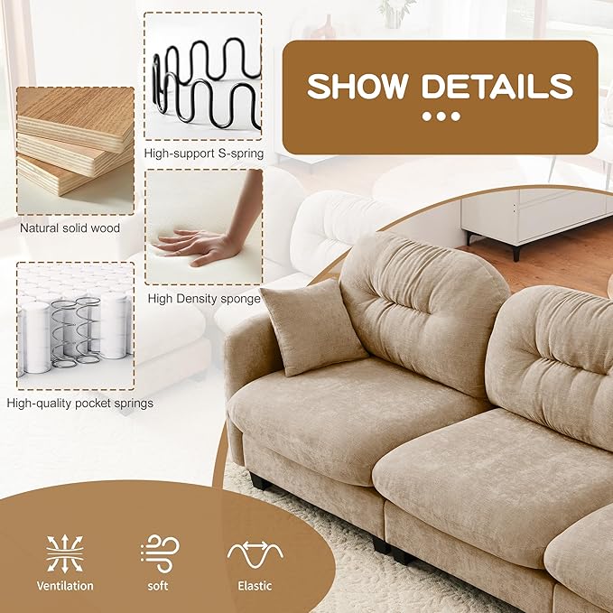 Oversized Modular Sectional Sofa 107”Chenille 3-Seater Cloud Couch for ApartmentOfficeHome Theater-Camel