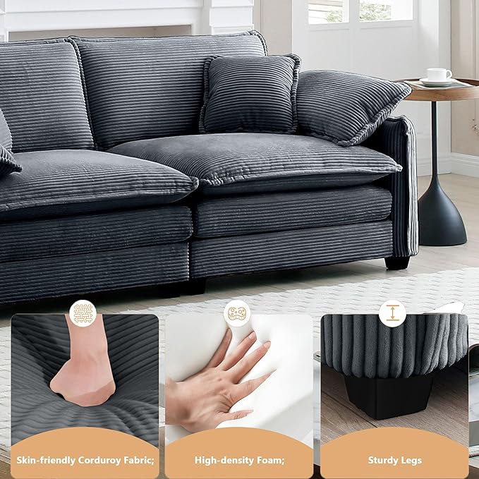 Aoowow 3 Pieces Modular Sectional Sofa Set with Loveseat Couch and 2 Sofa ChairModern Corduroy Comfy Cloud Deep Seat Couches Set with Throw Pillows and Arm Pillows for Living Room Apartment(Grey)