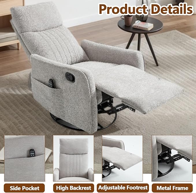 Massage Recliner Chair with Heat Slim Recliners for for Adults Swivel Rocking Chair Recliner with High Back Small Recliner Chair for Small Spaces Living Room Adjustable Footrest (Light Grey)