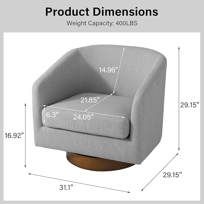 Swivel Barrel Chair Modern Round PU Leather Accent Armchair for Living Room Bedroom Oversized Comfy Club Reading Chairs for Adults (Fabric Light Grey Set of 2)