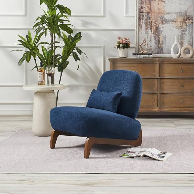 Modern Armless Accent Chair Cozy Comfy Upholstered Cloud Lounge Boucle Chairs with Wood Legs &amp Pillow Comfortable Reading Sofa Chair for Living Room Bedroom Apartment Balcony Blue