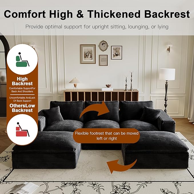 108'' Modular Sectional Sofa with Ottoman Corduroy Cloud Sectional Couches for Living Room High-Back Modern L Shaped Boneless Couch Deep Seat 3 Seater Sofa No Assembly Required Black