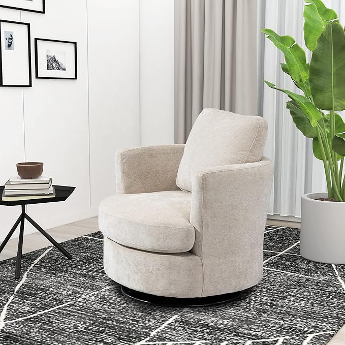 31.9W Beige Chenille Swivel Accent Barrel Chair Comfy Round Accent Sofa Chair 360 Rotation Degree Club Chair Leisure Arm Chair for Nursery Bedroom Living Room Lounge Hotel Office (Beige)