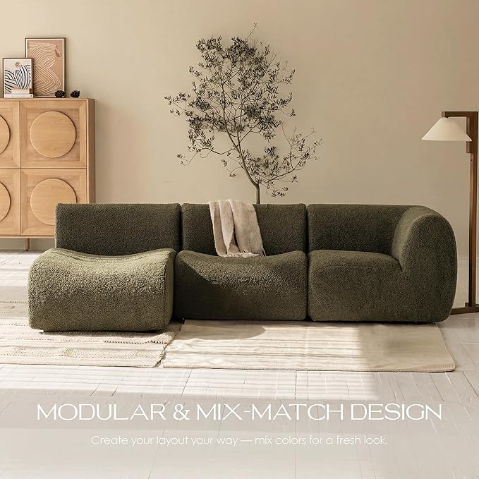 105 Curved Sectional Sofa with Chaise Boneless 3 Seater Modular Couch Reversible L-Shaped Couches with High-Density Foam Modern Lounge Comfort Sherpa Sofas for Living Room – No Assembly Green