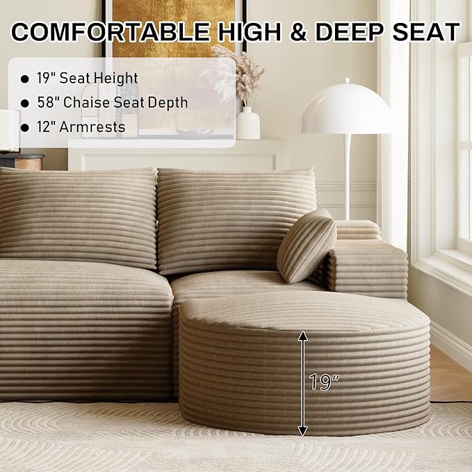 108 Modular Sectional Sofa Cloud Couch for Living RoomU Shaped Comfy Fluffy Light Brown Boneless Couches with 2 Curved OttomansModern Plush Corduroy Memory Foam Floor Couch with Chaise