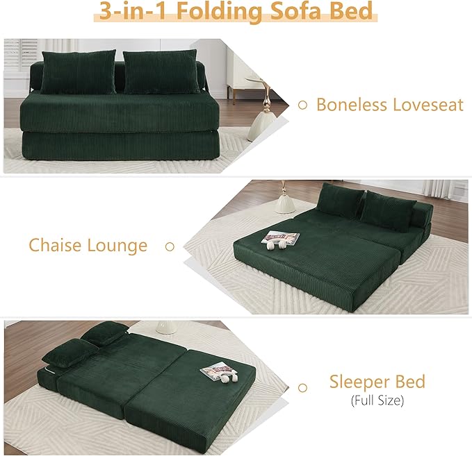 Folding Sofa Bed Full Size Convertible Sleeper Loveseat with 2 Pillows Corduroy Foldable Couch Bed Boneless Loveseat Couch for Living Room Apartment Small Spaces (Green)