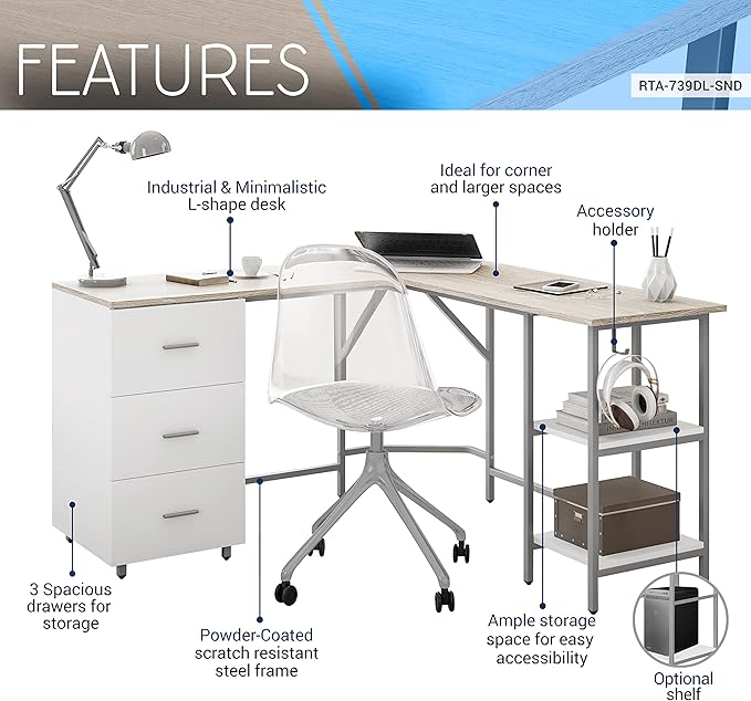 Techni Mobili L Shaped Desk - Two-Toned Computer Desk with Drawers &amp Storage Shelves - Simple Modern Furniture &amp Home Office Space Corner Table for Work &amp Writing