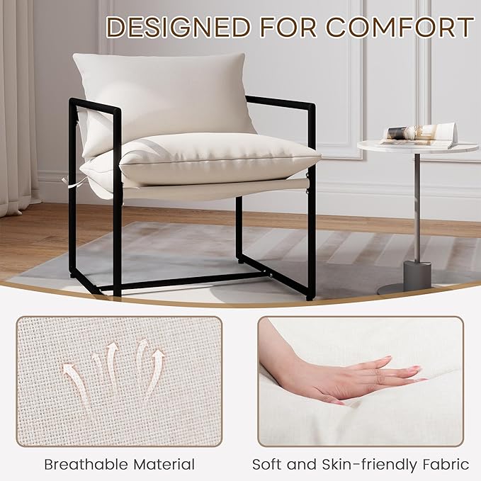 Modern Accent Chair with Arms Comfortable Living Room Seating Square Metal Frame Soft Upholstered Cushion Sponge Filling Easy to Assemble Set of 2 Beige