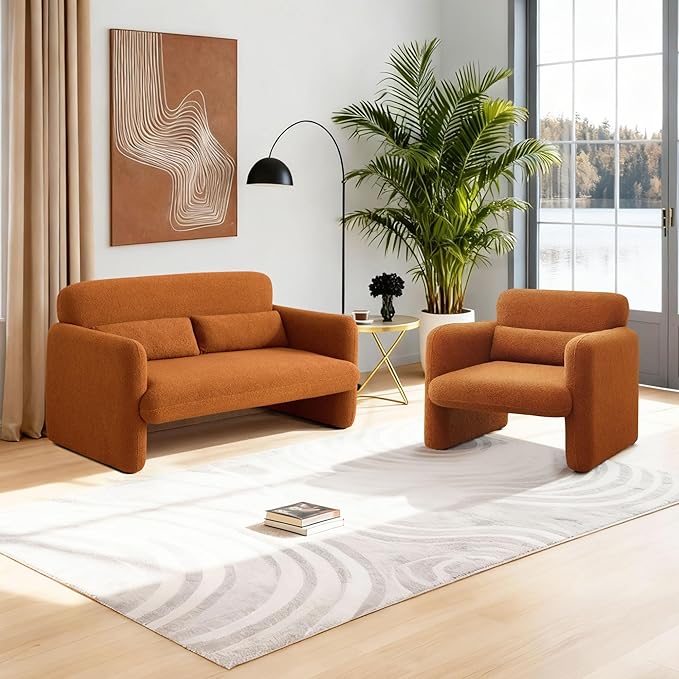 59.1 Boucle Modern Sofa Couch 2 Seater Sherpa Lamb Fabric Loveseat Comfy Upholstered Couch Leisure Lounge Sofa with 2 Waist Pillow for Bedroom Office and Living RoomOrange