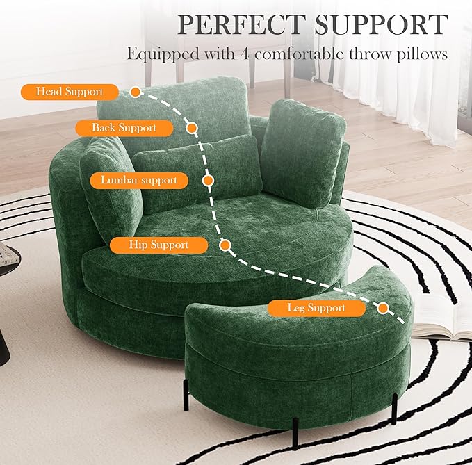 Aoiy &amp Wifon 50'' W Oversized Swivel Barrel Chair with Storage Ottoman Green Round Accent Chair with Half Moon Ottoman for Living Room Deep Seat &amp Extra Wide Chenille