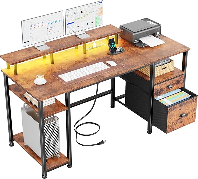 Furologee 61 Computer Desk with Power Outlet &amp LED Lights Reversible Gaming Desk with File Cabinet &amp Monitor Stand for Home Office Writing Study Table with Storage Shelves and Drawer Rusti