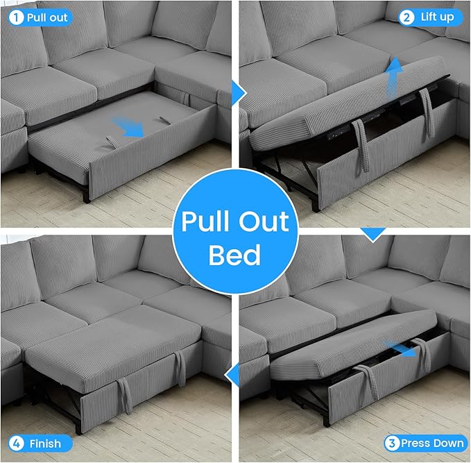 PUREMIND 100 Sectional Sleeper Sofa with Pull Out Bed U Shaped Modular Sectional Sofa with Storage Chaise Corduroy Cloud Sofa Bed with Cup Holders for Living Room Bedroom Apartment Grey