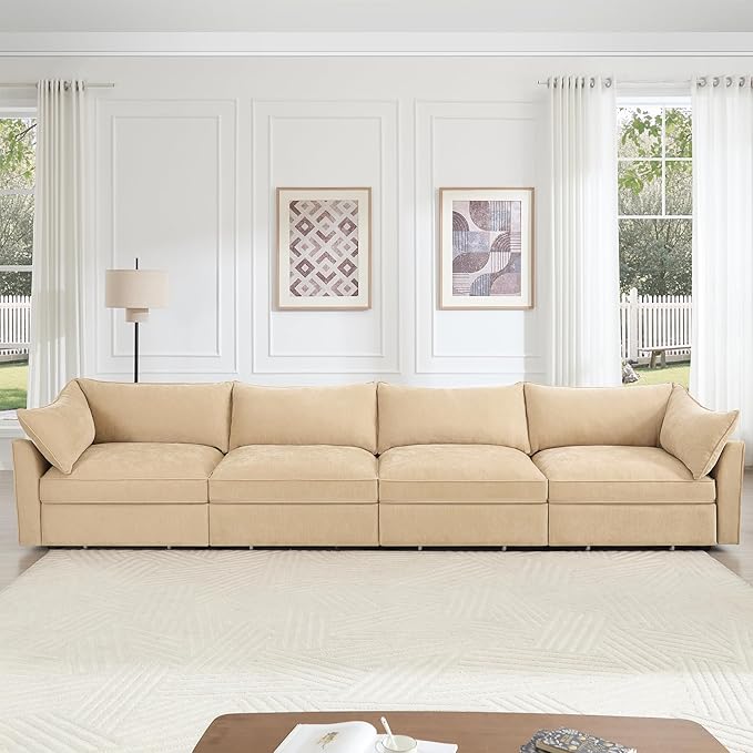 Modular Sectional Sofa with Pull out Storage Drawers 146.4 Comfy Upholstered Chenille 4-Seat Sofa Oversized Deep Storage Seat Couch 2 Armrest Pillows for Living Room Bedroom Apartment Wheat
