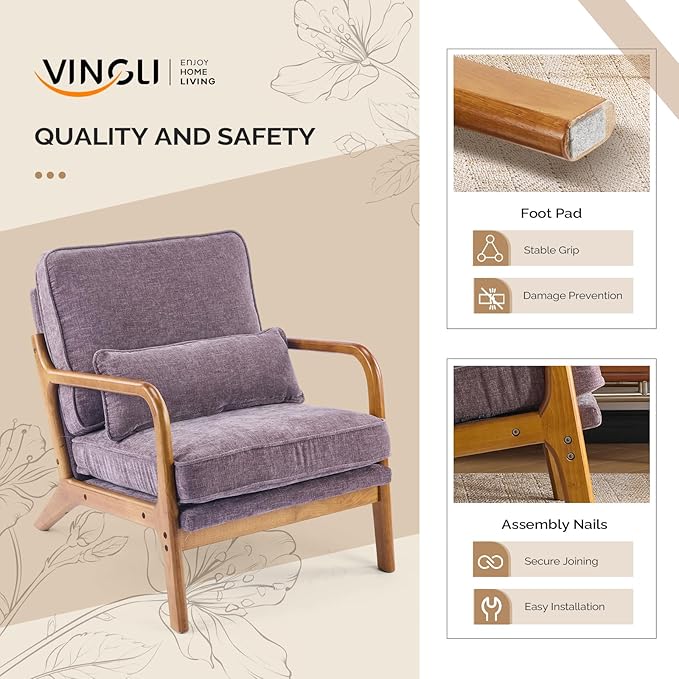 VINGLI Chenille Mid-Century Modern Accent Chair Cute Reading Arm Chair with Cushion &amp Lumbar Pillow &amp Solid Wood Frame for Lounge Living Room Reading Room Bedroom Light Purple