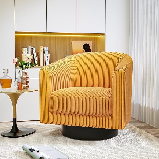 Swivel Accent Chairs Set of 2 360° Bucket Chair Modern Upholstered Barrel Armchair Comfy Corduroy Single Sofa for Living Room Bedroom Orange
