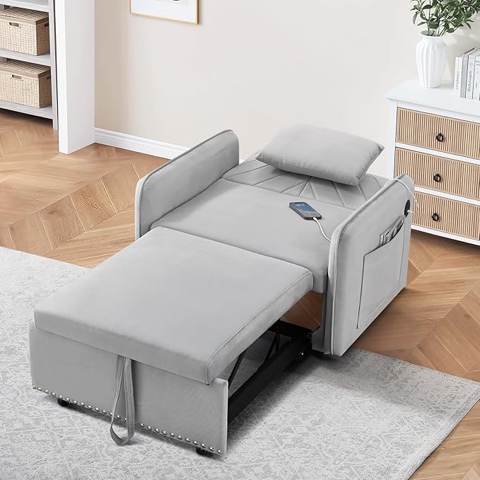 Convertible Sleeper Chair Bed3 in 1 Velvet Tufted Upholstered Single Sleeper Sofa with Adjustable Backrest&ampUSB PortPull Out Recliner Lounger Bed for Living RoomOfficeApartmentSmall Space(Grey