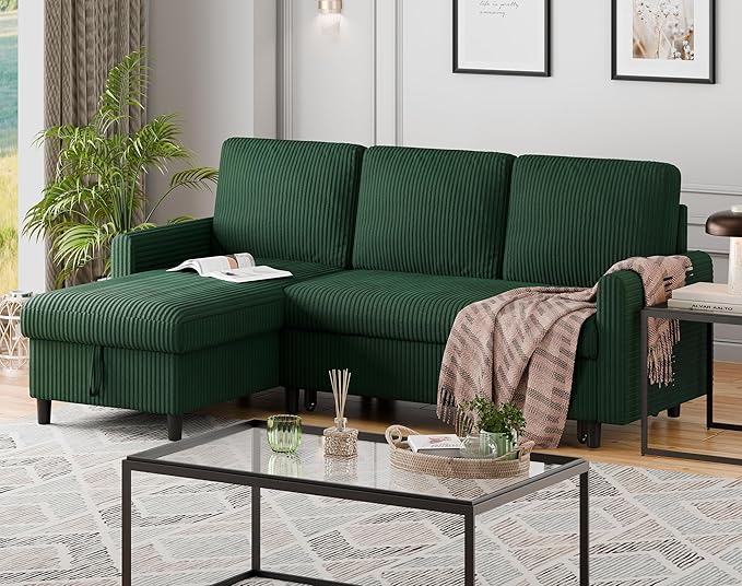 Walsunny Sectional Sofa Couch L Shaped Sleeper Sofa Bed Pull Out Bed with Storage Reversible Sectional Couches for Living Room Apartment Office(Green)