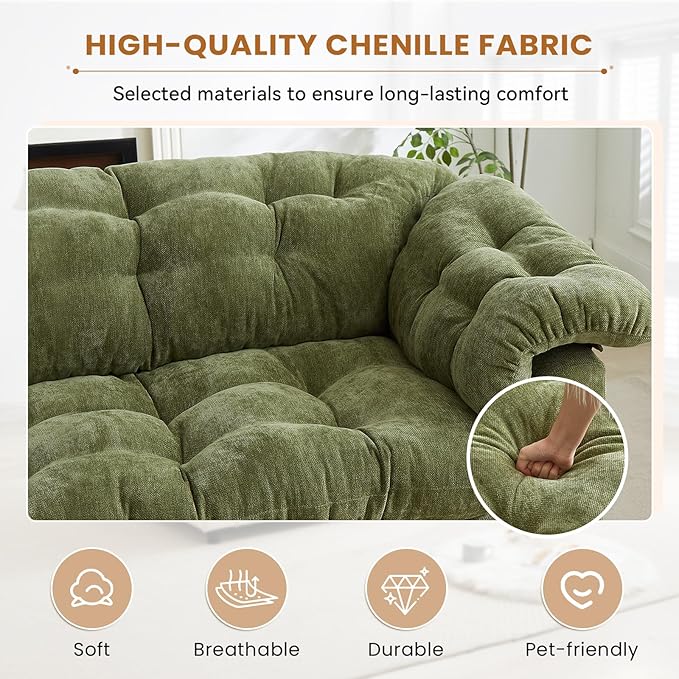 3-Seater Couch 94.8 inch Oversized Modern Comfy Tufted Chenille Fabric Cloud Fluffy Foam Deep Seat Soft Loveseat Sofa Couch for Living Room Bedroom Office Green