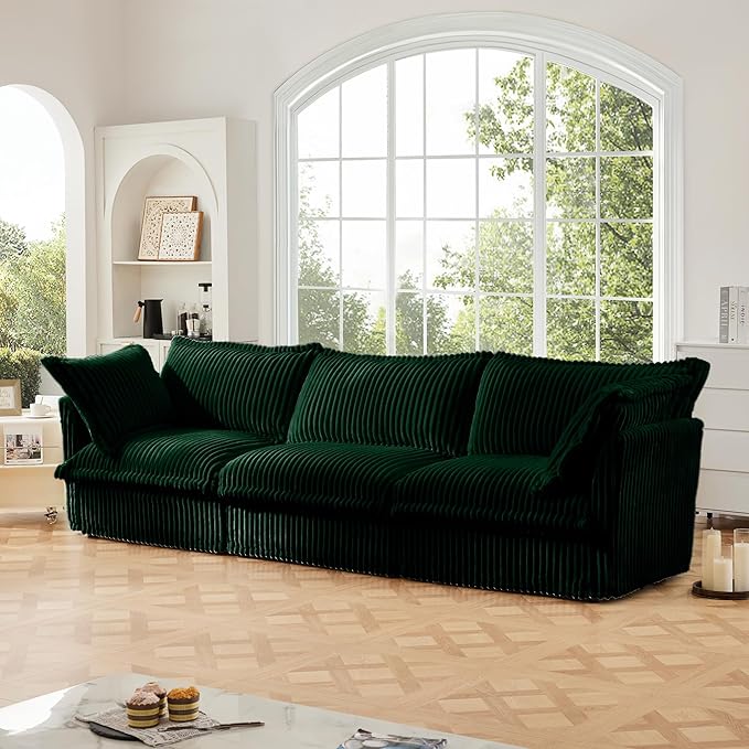 Aoowow Oversized Modular Sectional Sofa 120” Corduroy Comfy 3-Seat Sofa Couch Upholstered Deep Seat Couches with Big Toss Pillows for Living Room Apartment OfficeGreen-Corduroy