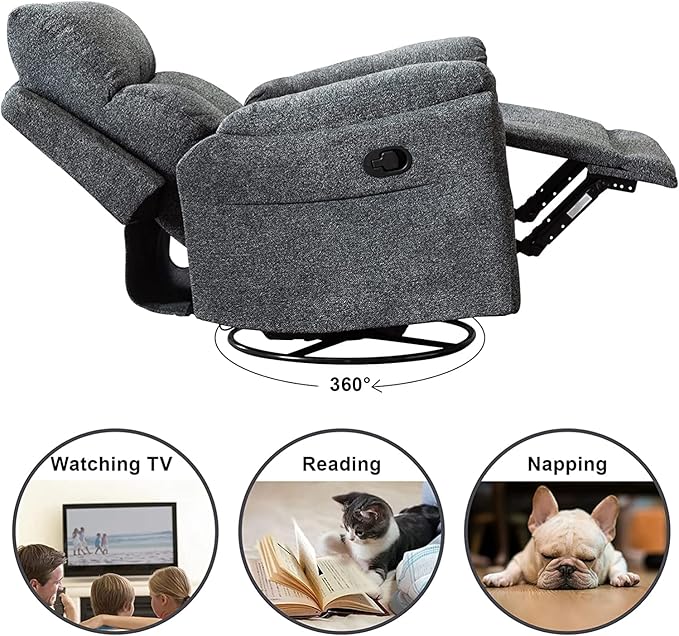 ANJ Swivel Rocker Recliner Chair Manual Fabric Glider Nursery Recliner Chair Single Rocking Modern Sofa Home Theater Seating for Living Room Nursery (Dark Gray)