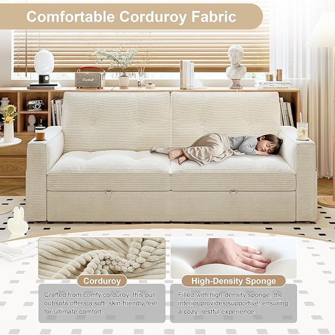 Sleeper Sofa Bed Queen Size Sofa Bed Convertible Pull Out Couch with Adjustable Backrest USB Port and Side Pockets Modern 2 Seater Small Couches for Living Room Space-Saving