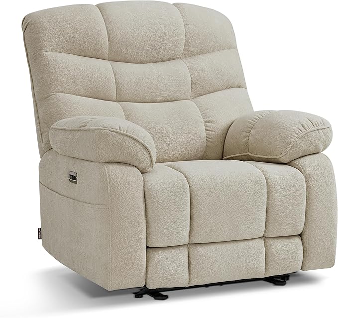 MCombo 27'' Oversized Recliner Power Recliner Chair for Big and Tall Zero Gravity Recliner with USB Charge Ports Side Pockets for Living Room Fabric PR677 (Beige)