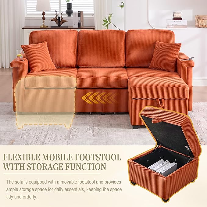 L Shaped Sectional Sofa with Storage &amp Movable Ottoman 76 Corduroy 3 Seater Sectional Couch with USB Charging Cup Holder &amp LED Light Couches for Living Room Orange